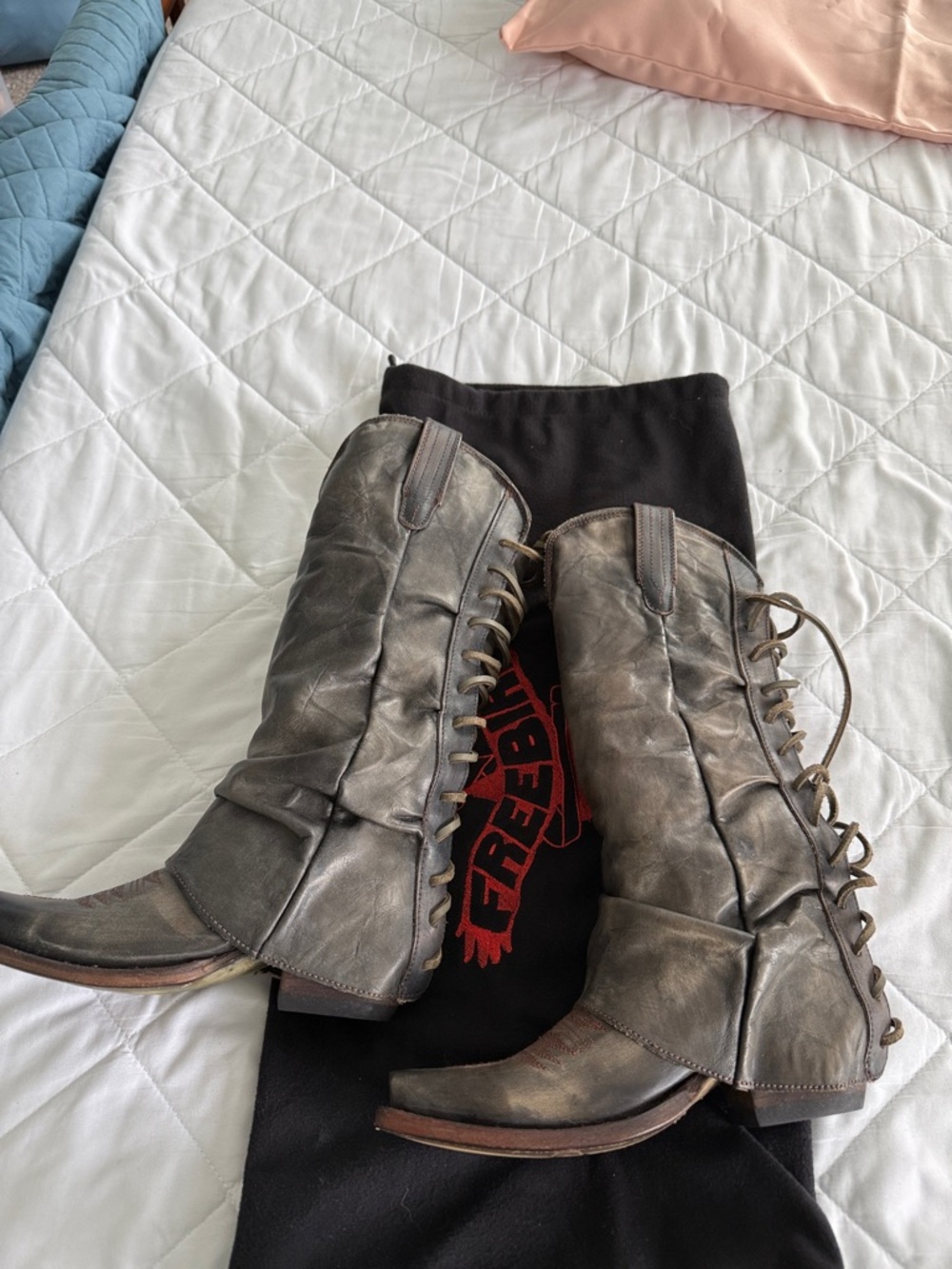 NWOT Freebird by Steven Distressed Gray Lace-Up Mid-Calf Boots